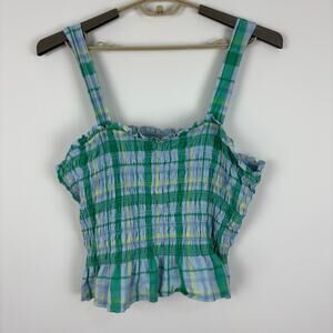 Free Assembly Smocked Plaid Blouse Top XXL green blue preppy cottage cotton crop